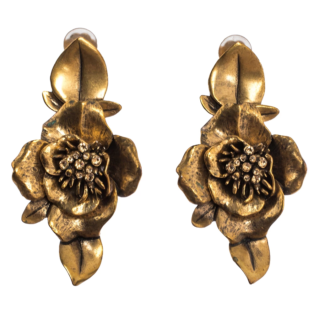 Oscar De La Renta Flower Crystal Gold Tone Clip-on Drop Earrings For Women 3 Oscar De La Renta Flower Crystal Gold Tone Clip-on Drop Earrings For Women
