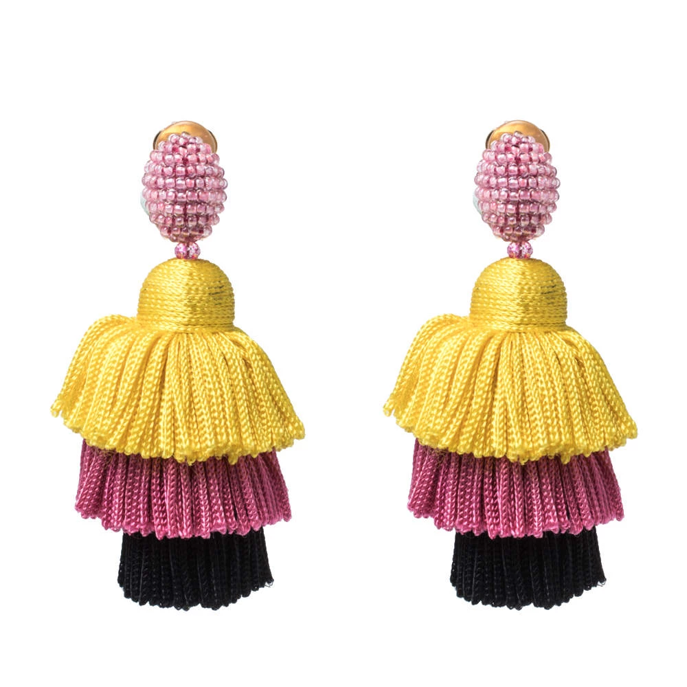 Oscar De La Renta Multicolor Silk Tiered Tassel Clip-On Earrings For Women 3 Oscar De La Renta Multicolor Silk Tiered Tassel Clip-On Earrings For Women
