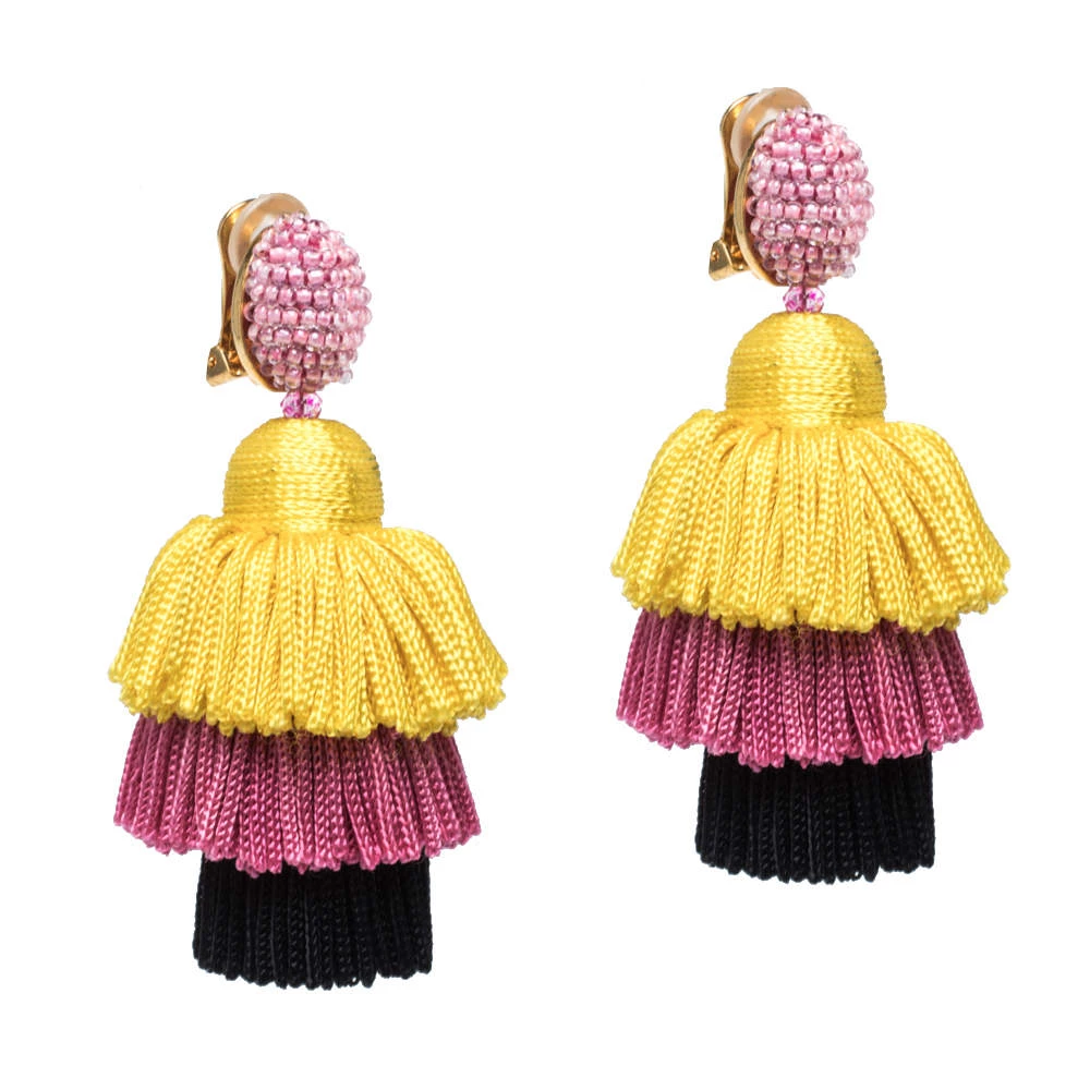Oscar De La Renta Multicolor Silk Tiered Tassel Clip-On Earrings For Women 4 Oscar De La Renta Multicolor Silk Tiered Tassel Clip-On Earrings For Women - Image 2
