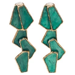 Oscar De La Renta Green Enamel Gold Tone Long Clip On Earrings For Women