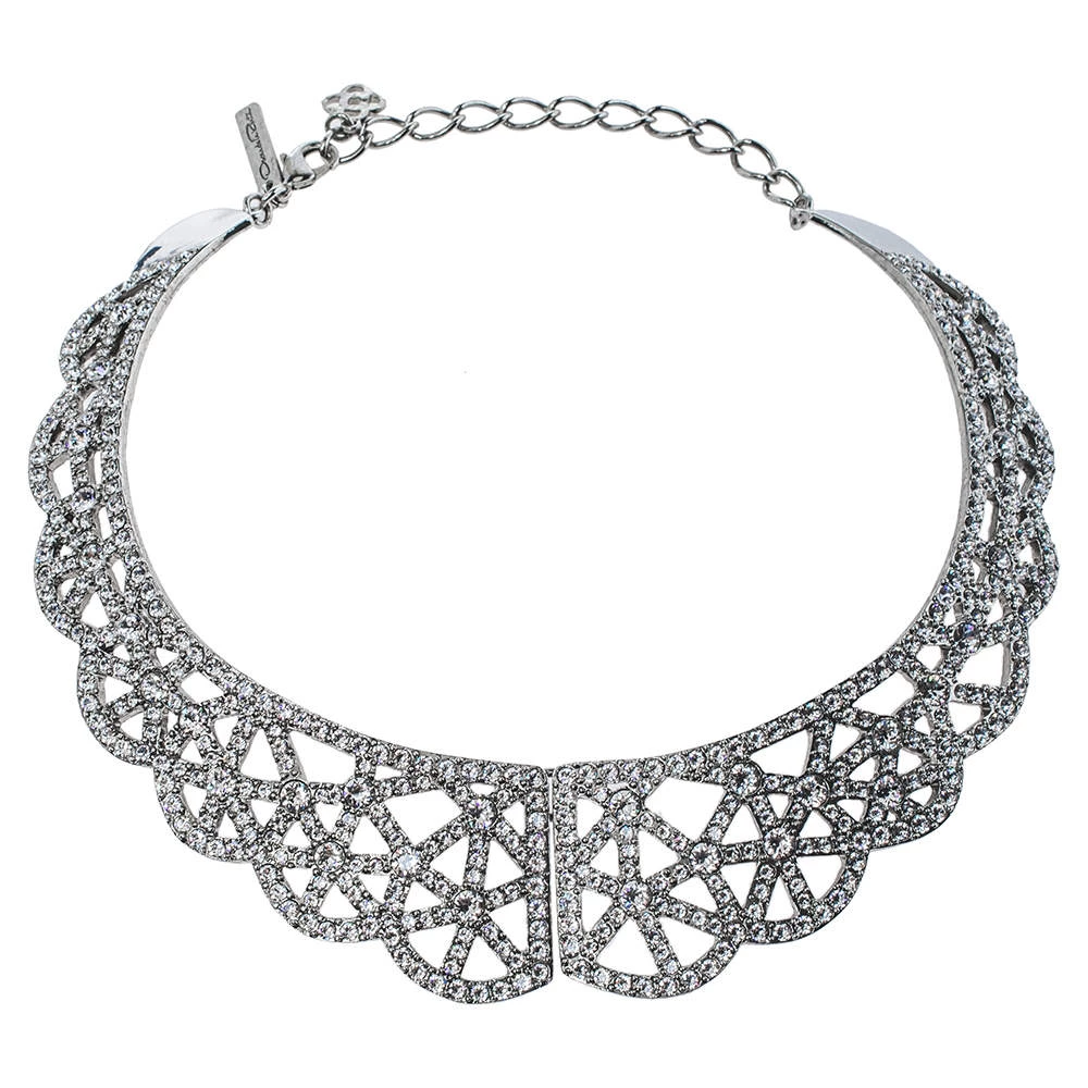 Oscar De La Renta Crystal Embellished Silver Tone Bib Necklace For Women 3 Oscar De La Renta Crystal Embellished Silver Tone Bib Necklace For Women