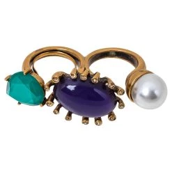Oscar De La Renta Mulitcolor Crystals & Faux Pearl Double Finger Ring Size EU 54.4 For Women -Oscar de la Renta Sales Shop luxury women oscar de la rentaslug used accessories p350294 001