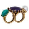 Oscar De La Renta Mulitcolor Crystals & Faux Pearl Double Finger Ring Size EU 54.4 For Women
