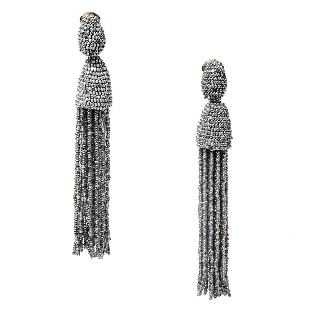 Oscar De La Renta Silver Classic Long Beaded Tassel Earrings For Women 5 Oscar De La Renta Silver Classic Long Beaded Tassel Earrings For Women - Image 3