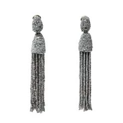 Oscar De La Renta Silver Classic Long Beaded Tassel Earrings For Women