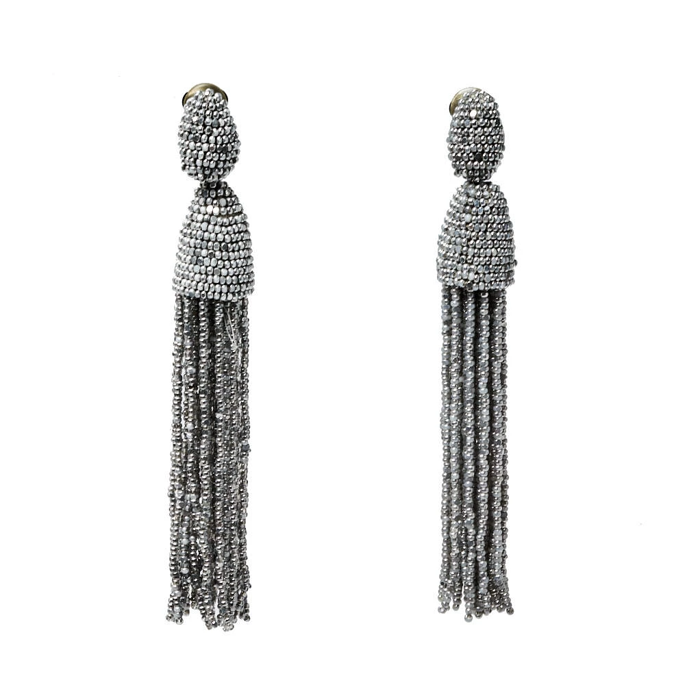 Oscar De La Renta Silver Classic Long Beaded Tassel Earrings For Women 3 Oscar De La Renta Silver Classic Long Beaded Tassel Earrings For Women
