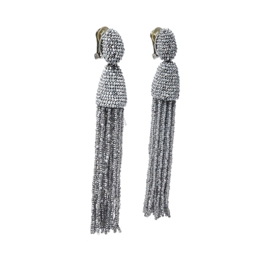 Oscar De La Renta Silver Classic Long Beaded Tassel Earrings For Women 4 Oscar De La Renta Silver Classic Long Beaded Tassel Earrings For Women - Image 2
