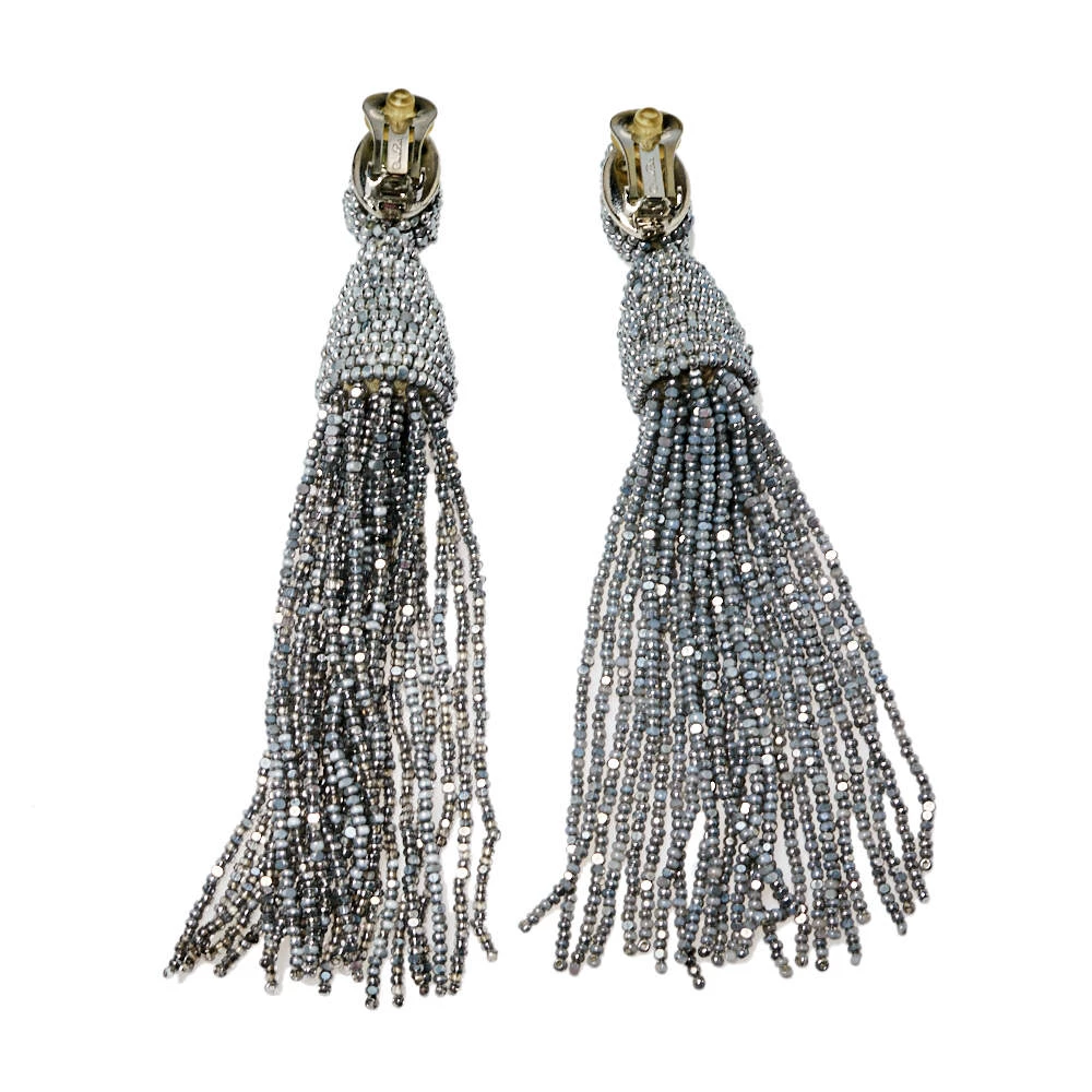 Oscar De La Renta Silver Classic Long Beaded Tassel Earrings For Women 6 Oscar De La Renta Silver Classic Long Beaded Tassel Earrings For Women - Image 4