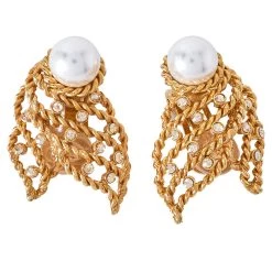Oscar De La Renta Twisted Gold Tone Pearl & Crystal Clip On Earrings For Women