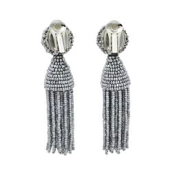 Oscar De La Renta Silver Beaded Short Tasseled Clip On Earrings For Women -Oscar de la Renta Sales Shop luxury women oscar de la rentaslug used accessories p411951 004