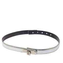 Oscar De La Renta Silver Glossy Leather Narrow Belt 70CM For Women