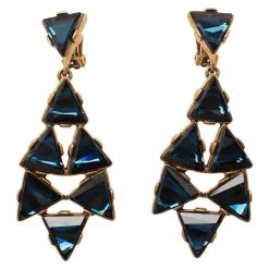Oscar De La Renta Triangle Blue Swarovski Crystal Gold Tone Clip On Earrings For Women