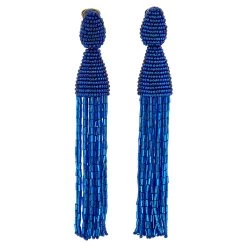 Oscar De La Renta Blue Beaded Tassel Clip On Earrings For Women