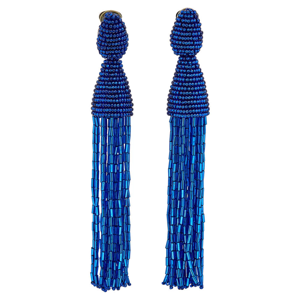 Oscar De La Renta Blue Beaded Tassel Clip On Earrings For Women 3 Oscar De La Renta Blue Beaded Tassel Clip On Earrings For Women