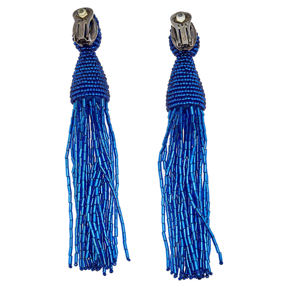 Oscar De La Renta Blue Beaded Tassel Clip On Earrings For Women 6 Oscar De La Renta Blue Beaded Tassel Clip On Earrings For Women - Image 4