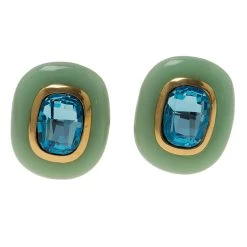 Oscar De La Renta Green Resin Blue Crystal Clip On Earrings For Women
