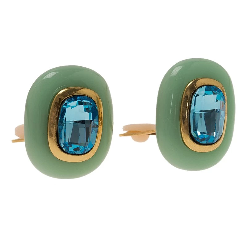 Oscar De La Renta Green Resin Blue Crystal Clip On Earrings For Women 4 Oscar De La Renta Green Resin Blue Crystal Clip On Earrings For Women - Image 2