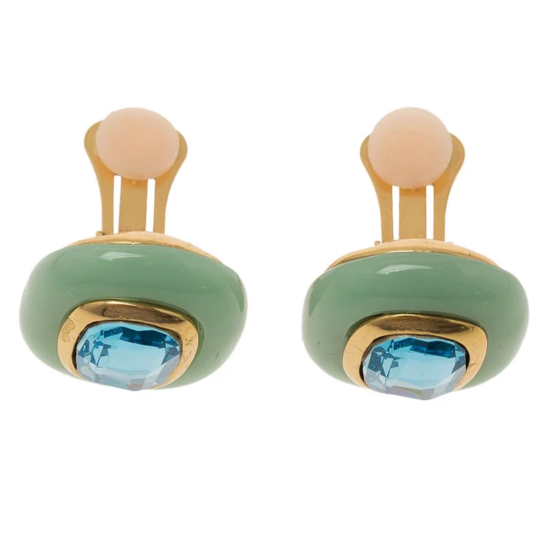 Oscar De La Renta Green Resin Blue Crystal Clip On Earrings For Women 5 Oscar De La Renta Green Resin Blue Crystal Clip On Earrings For Women - Image 3
