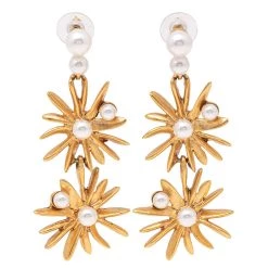 Oscar De La Renta Classic Faux Pearl Gold Tone Metal Starburst Drop Earrings For Women
