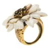 Oscar De La Renta White Enamel Black Crystals Carnation Flower Gold Tone Ring Size 56 For Women