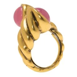 Oscar De La Renta Pink Cabochon Gold Tone Ring Size 54 For Women