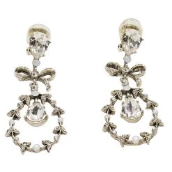 Oscar De La Renta Bow Drop Crystal Silver Tone Clip-On Drop Earrings For Women -Oscar de la Renta Sales Shop luxury women oscar de la rentaslug used accessories p82333 0001