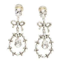 Oscar De La Renta Bow Drop Crystal Silver Tone Clip-On Drop Earrings For Women