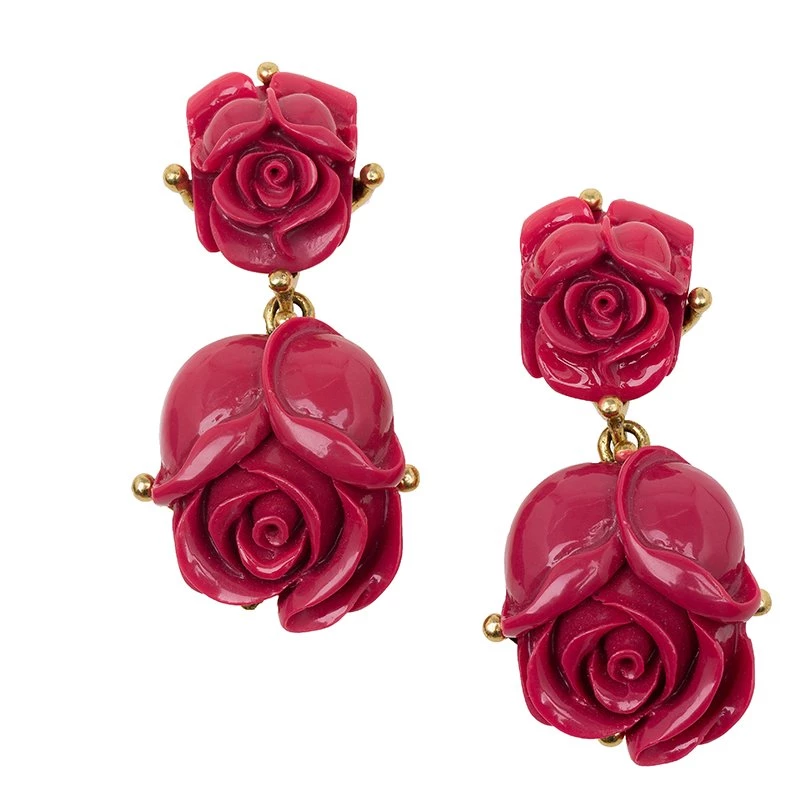 Oscar De La Renta Double Rose Red Amaranth Clip-On Earrings For Women 4 Oscar De La Renta Double Rose Red Amaranth Clip-On Earrings For Women - Image 2