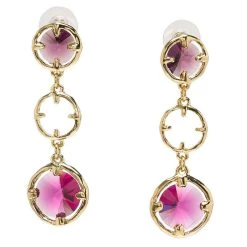 Oscar De La Renta Magenta Crystals Gold Tone Long Earrings For Women