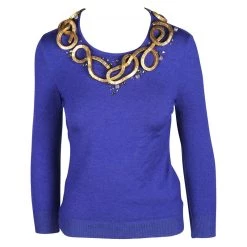 Oscar De La Renta Purple Metallic Gold Embellishment Sweater S For Women