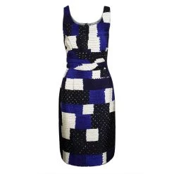 Oscar De La Renta Blue Patch Print Sleeveless Dress L For Women