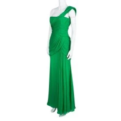 Oscar De La Renta Green Silk Chiffon One Shoulder Ruched Gown XS For Women -Oscar de la Renta Sales Shop luxury women oscar de la rentaslug used clothes p108164 0003
