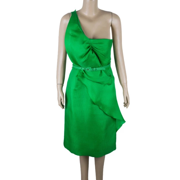 Oscar De La Renta Green Kelly Basketweave Silk-gazar Dress M For Women 4 Oscar De La Renta Green Kelly Basketweave Silk-gazar Dress M For Women - Image 2