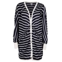 Oscar De La Renta Navy Blue And White Striped Oversized Cardigan L For Women
