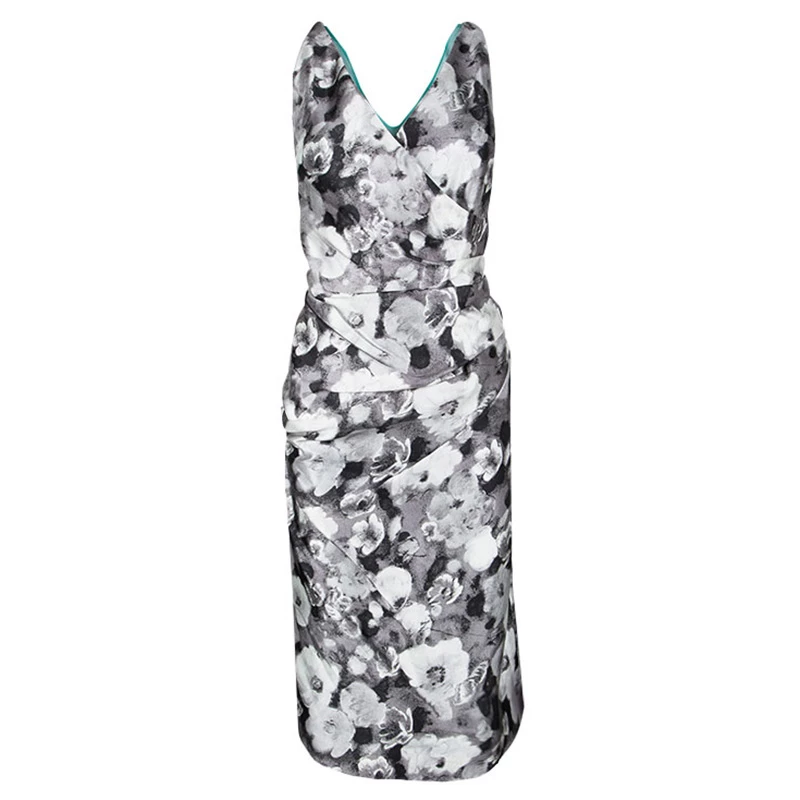 Oscar De La Renta Grey Floral Print Contrast Lined Draped Sleeveless Dress XL For Women 3 Oscar De La Renta Grey Floral Print Contrast Lined Draped Sleeveless Dress XL For Women