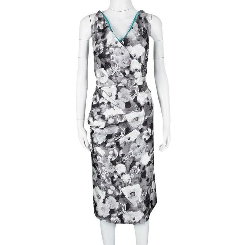 Oscar De La Renta Grey Floral Print Contrast Lined Draped Sleeveless Dress XL For Women 4 Oscar De La Renta Grey Floral Print Contrast Lined Draped Sleeveless Dress XL For Women - Image 2