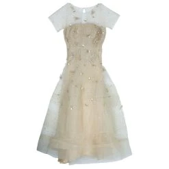 Oscar De La Renta Gold Tulle Embroidered Dress L For Women