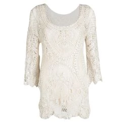 Oscar De La Renta Cream Foil Printed Crochet Knit Long Sleeve Blouse S For Women