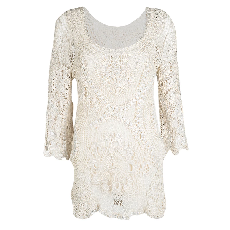 Oscar De La Renta Cream Foil Printed Crochet Knit Long Sleeve Blouse S For Women 3 Oscar De La Renta Cream Foil Printed Crochet Knit Long Sleeve Blouse S For Women