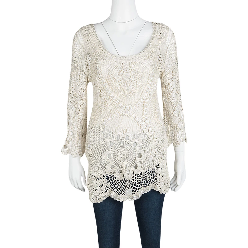 Oscar De La Renta Cream Foil Printed Crochet Knit Long Sleeve Blouse S For Women 4 Oscar De La Renta Cream Foil Printed Crochet Knit Long Sleeve Blouse S For Women - Image 2