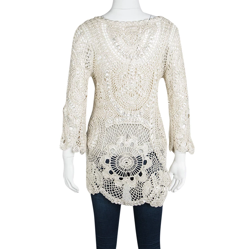 Oscar De La Renta Cream Foil Printed Crochet Knit Long Sleeve Blouse S For Women 5 Oscar De La Renta Cream Foil Printed Crochet Knit Long Sleeve Blouse S For Women - Image 3