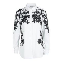 Oscar De La Renta White Stretch Cotton Contrast Lace Applique Detail Shirt M For Women