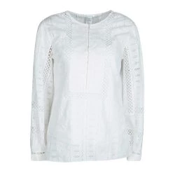 Oscar De La Renta White Broderie Anglaise Long Sleeve Blouse M For Women