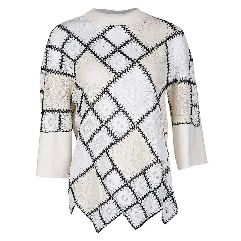 Oscar De La Renta Cream Lace And Crochet Patchwork Sweater M For Women 3 Oscar De La Renta Cream Lace And Crochet Patchwork Sweater M For Women