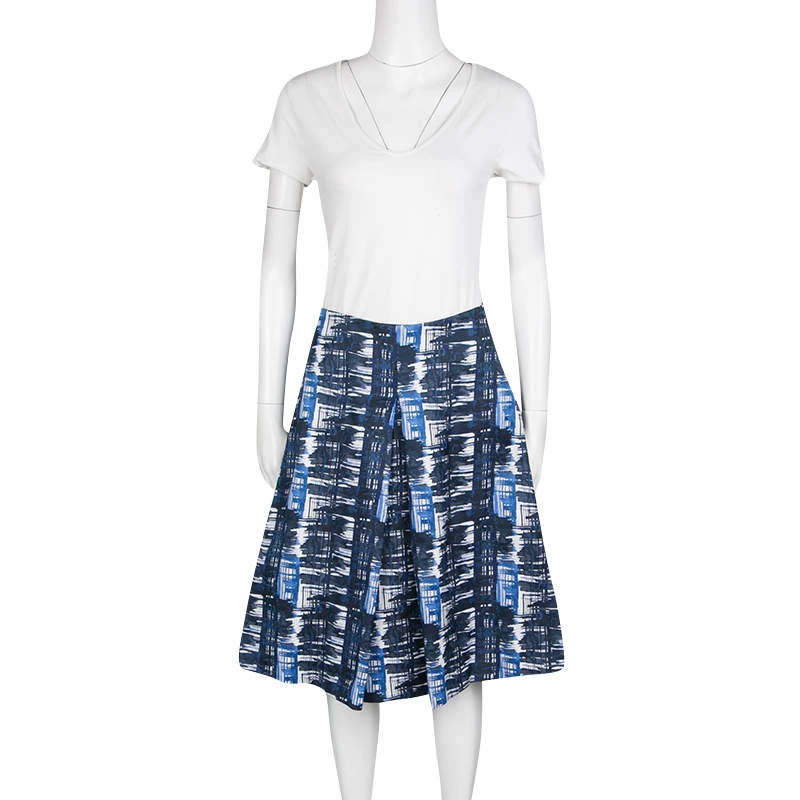 Oscar De La Renta Blue And White Printed A-Line Inverted Pleat Skirt S For Women 4 Oscar De La Renta Blue And White Printed A-Line Inverted Pleat Skirt S For Women - Image 2