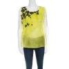 Oscar De La Renta Chartreuse Ruffled Floral Applique Detail Silk Organza Top M For Women