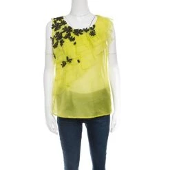 Oscar De La Renta Chartreuse Ruffled Floral Applique Detail Silk Organza Top M For Women
