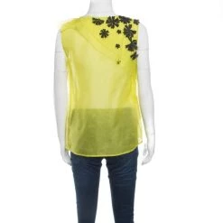 Oscar De La Renta Chartreuse Ruffled Floral Applique Detail Silk Organza Top M For Women -Oscar de la Renta Sales Shop luxury women oscar de la rentaslug used clothes p140593 0003