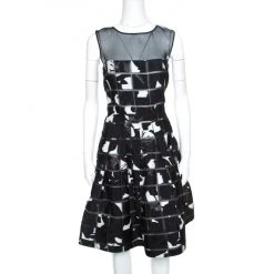 Oscar De La Renta Monochrome Mosaic Patterned Sheer Bodice Dress M For Women