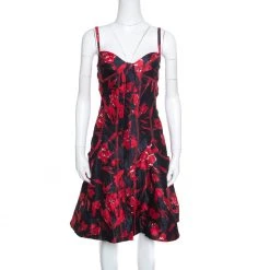 Oscar De La Renta Black And Red Floral Print Embroidered Sleeveless Sundress M For Women